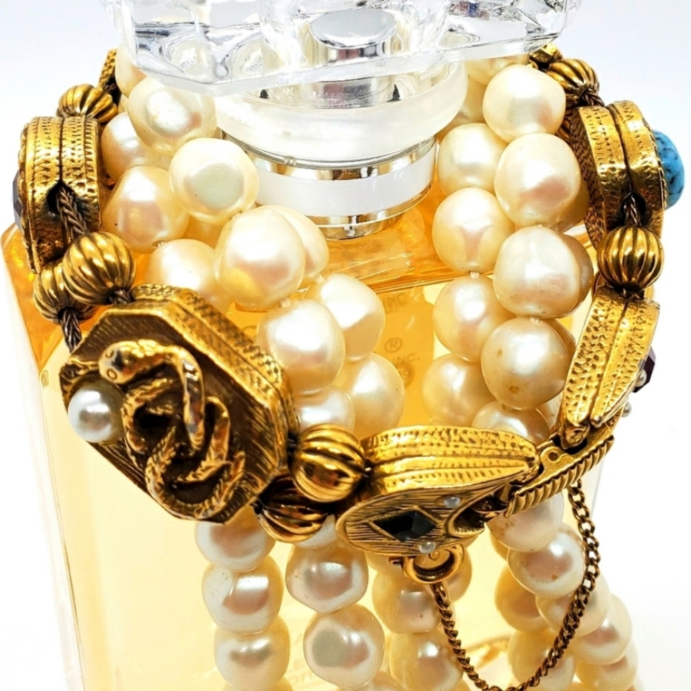 Vintage Goldette N.Y. Signed Chunky Slide Charm Rare Bracelet & Safety Chain